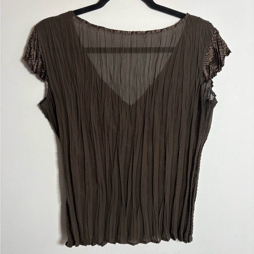 Sheer Crinkle Chiffon Beaded V-Neck/Reversible Top Brown - Picture 6 of 6